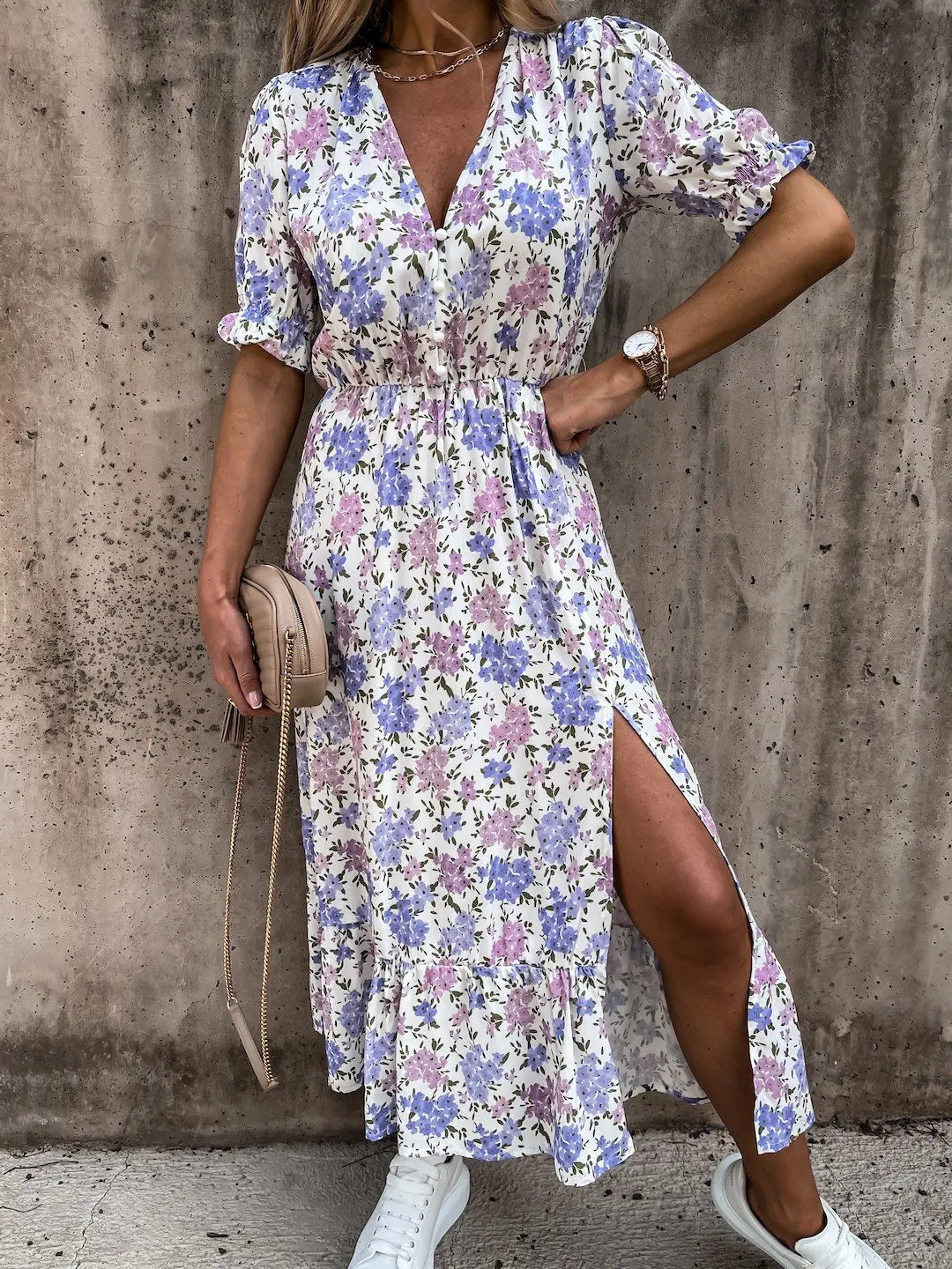 Summer Floral Print Dress Women V Neck Side Slit Long Dress Elegant Short Sleeve Button Slim Spring Female Party Dress Vestidos - Uknowucme