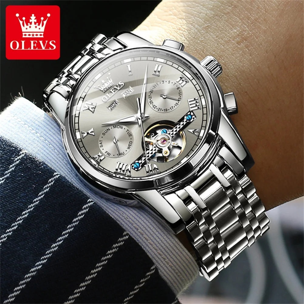 OLEVS Brand Automatic Mechanical Men Watches Waterproof Stainless Steel Strap Watch for Man Skeleton Calendar Hollow out Design