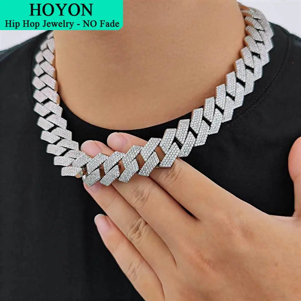 HOYON Moissanite Cuban Chain Men's Necklace S925 Silver Color Jewelry Hip Hop Rock Luxury Zircon Diamond Neck Collares 16-24in - Uknowucme