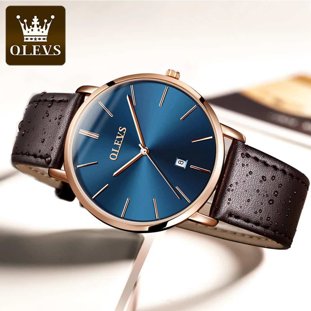 New In OLEVS Quartz Watch for Men Ultra Thin 6.5mm Minimalist Waterproof Date Bussiness Watch Fashion Leather Strap Men's Watch - Uknowucme