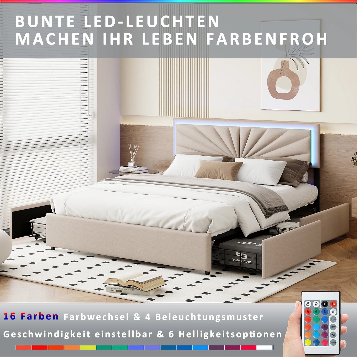 Double Bed, Upholstered Bed 160 x 200 cm, LED Bed Frame, Storage Bed with 4 Drawers and Slatted Frame, Headboard, Youth Bed - Uknowucme
