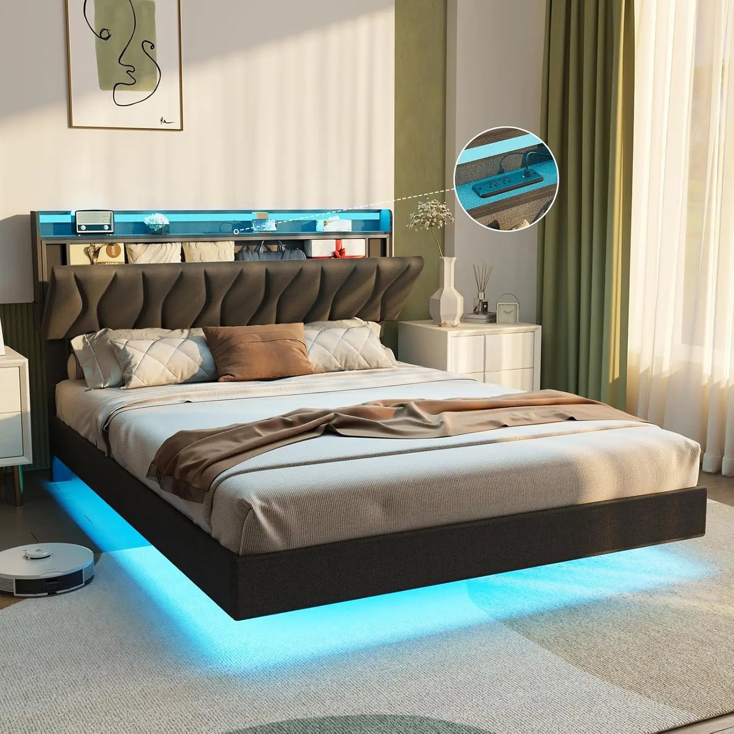 Vabches Floating Queen Bed Frame With Storage Headboard&LED Light Bed Frame with Charging Station Upholstered Platform Bed Frame - Uknowucme