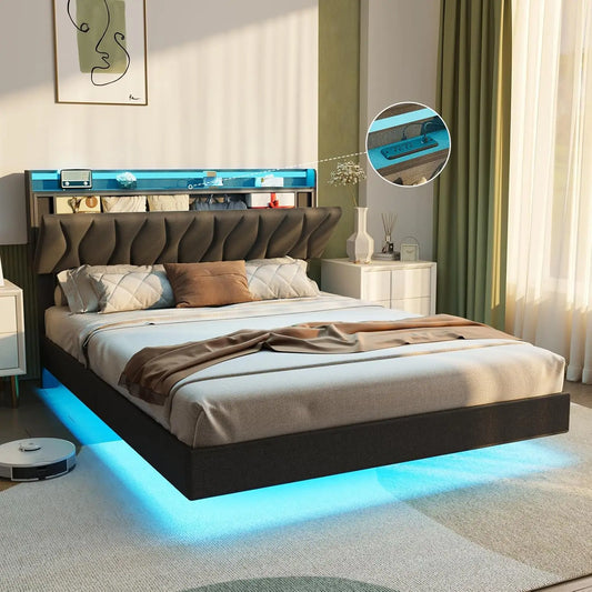 Vabches Floating Queen Bed Frame With Storage Headboard&LED Light Bed Frame with Charging Station Upholstered Platform Bed Frame - Uknowucme