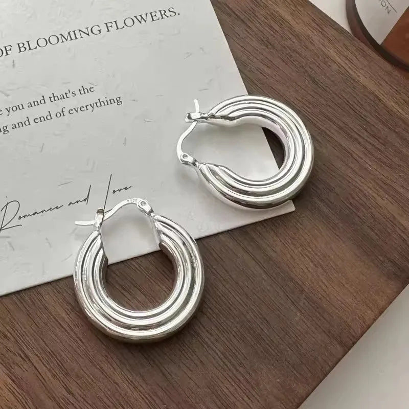 925 Sterling Silver Vintage Earrings For Women Trendy Simple Round Strip Earring Jewelry Prevent Allergy Party Accessories Gift - Uknowucme