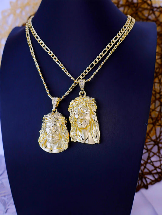 2 Sizes Hip Hop Punk Style God Jesus Head Deluxe Gold Plated Pendant Collar Necklace Figaro Chain Men Women Jewellery - Uknowucme