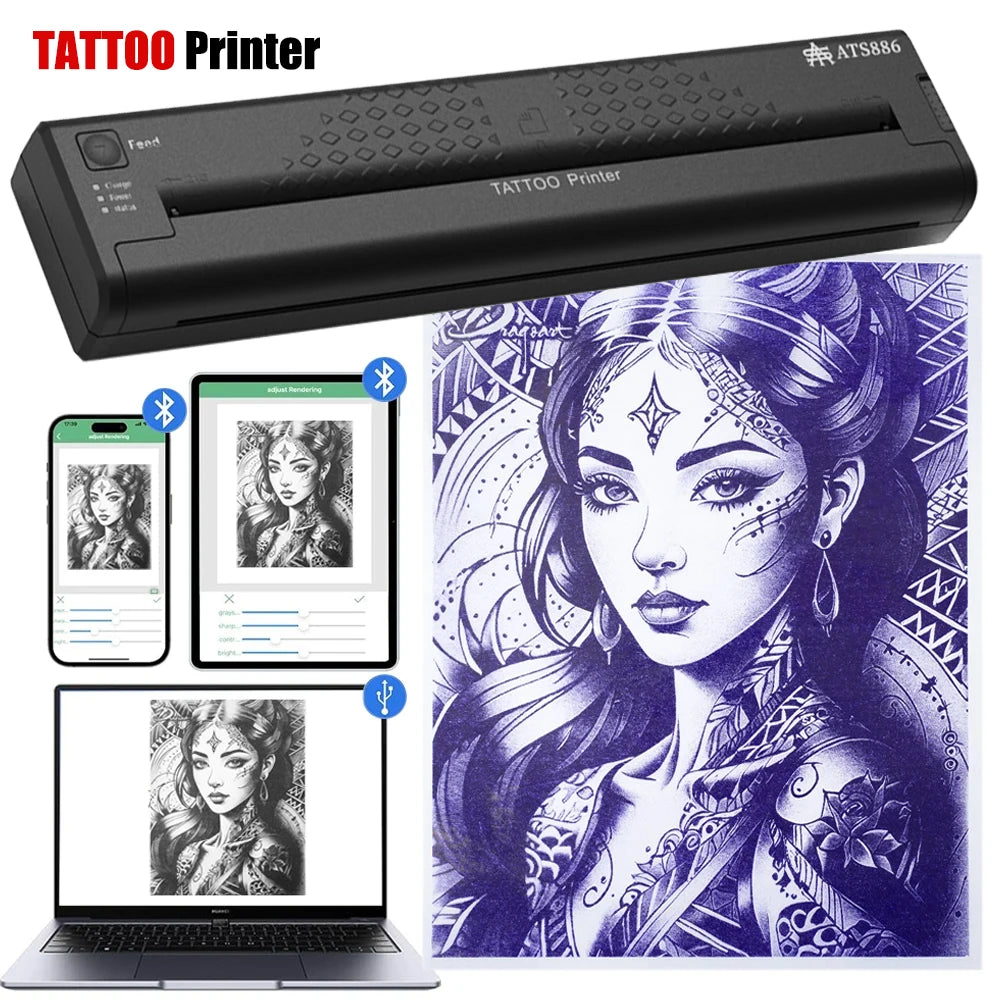 Portable Thermal Printer Bluetooth Wireless Tattoo Transfer Machine Line Drawing Photo Stencil Maker Copier Printer For Body Art - Uknowucme
