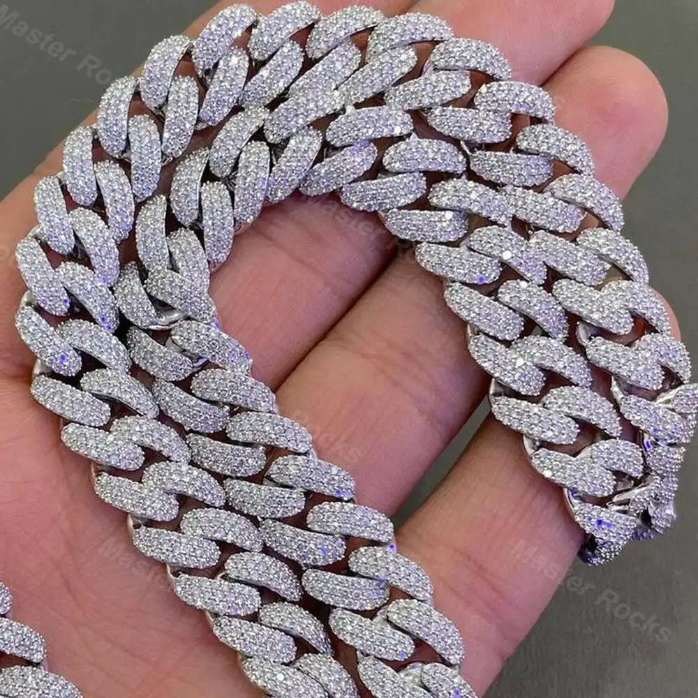 12mm 3rows Vvs Moissanite Studded Miami Cuban Link Chain 925 Sterling Silver Moissanite Iced Out Cuban Chain Fashion Necklace