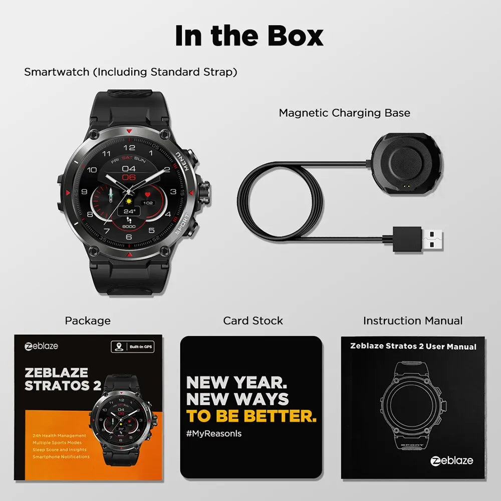 Zeblaze Stratos 2 GPS Smart Watch AMOLED Display 24h Health Monitor 5 ATM Long Battery Life Smartwatch for Men - Uknowucme