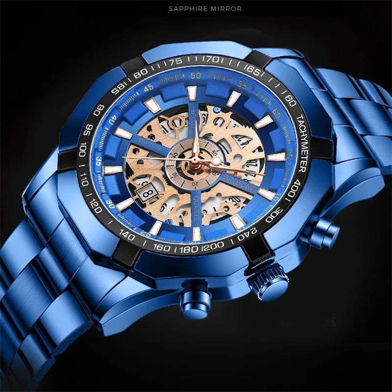 2025 Mens Quartz Watches Top Brand Luxury Stainless Steel Waterproof Hollow Out Blue Big Male Wristwatches Relogio Masculino - Uknowucme