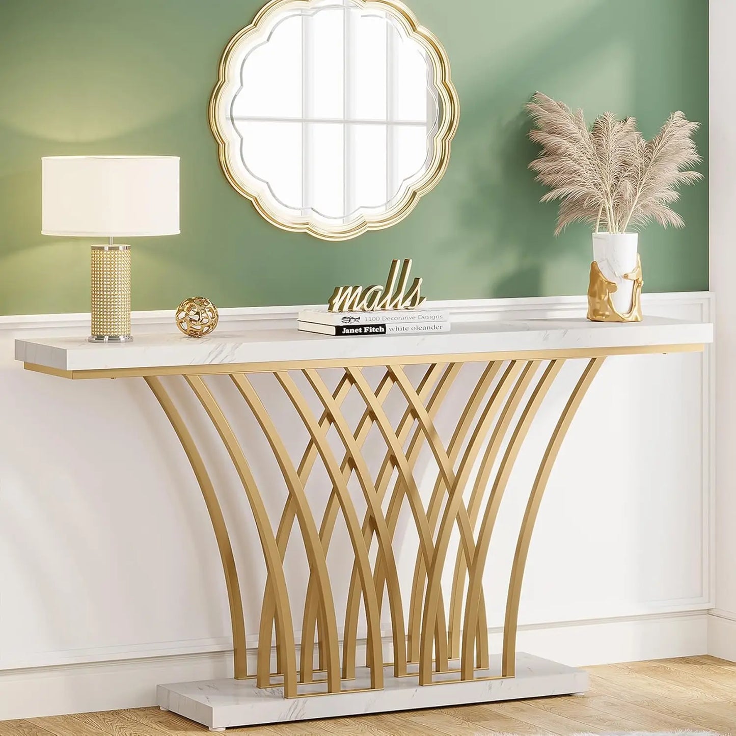 59 inch Gold Console Table, Modern Entryway Table with Grid-Shaped Metal Base for Entrance, Hallway, Entryway, Living Room - Uknowucme