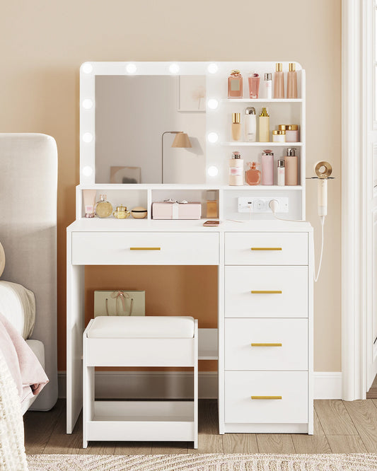 Dressing Table with 10 LED Light Balls, 3 Colors, Dressing Table with Plug and Large Mirror, Stool and Hairdryer Holder, White - Uknowucme