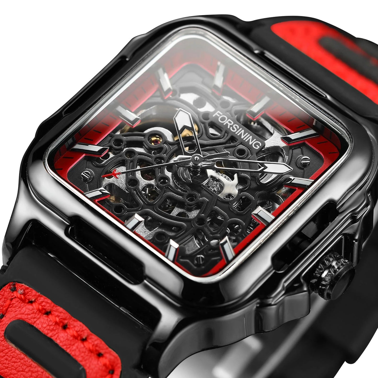 FORSINING Original Square Skeleton Mechanical Man Wristwatches Automatic Movement Field Sports Waterproof Silicone Replica Watch - Uknowucme