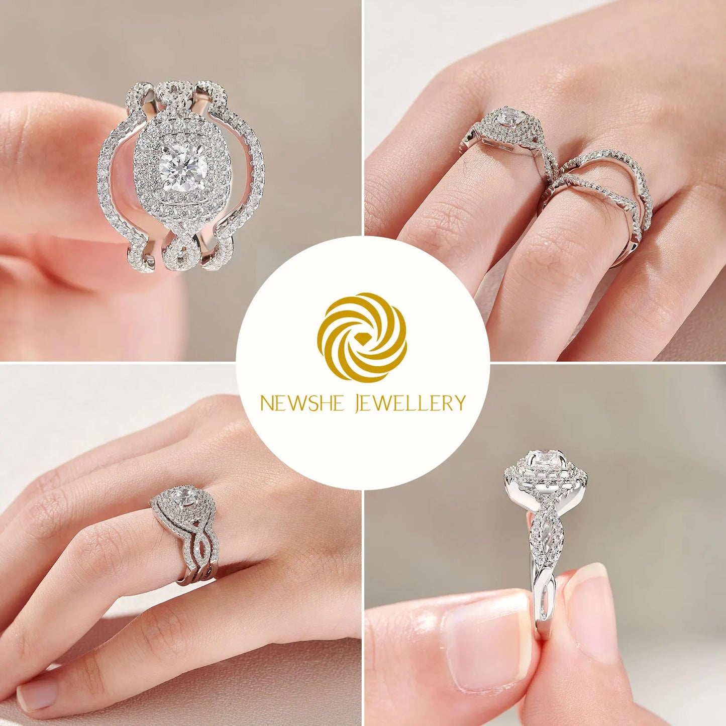 Newshe Original 925 Sterling Silver Jewelry 3 Pcs Wedding Rings Set for Women Halo Brilliant Zircon Luxury Engagement Bridal Rin - Uknowucme