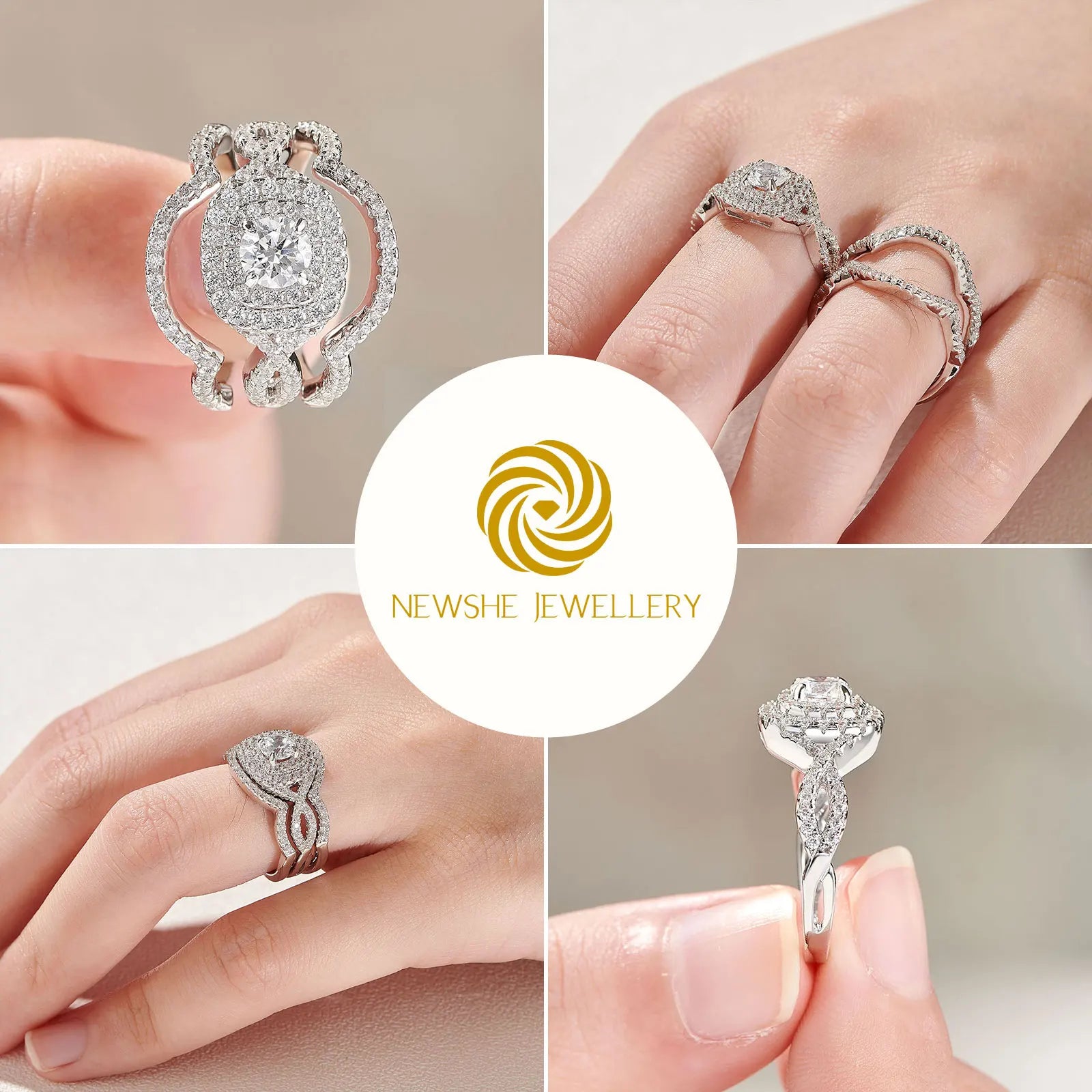 Newshe Original 925 Sterling Silver Jewelry 3 Pcs Wedding Rings Set for Women Halo Brilliant Zircon Luxury Engagement Bridal Rin - Uknowucme