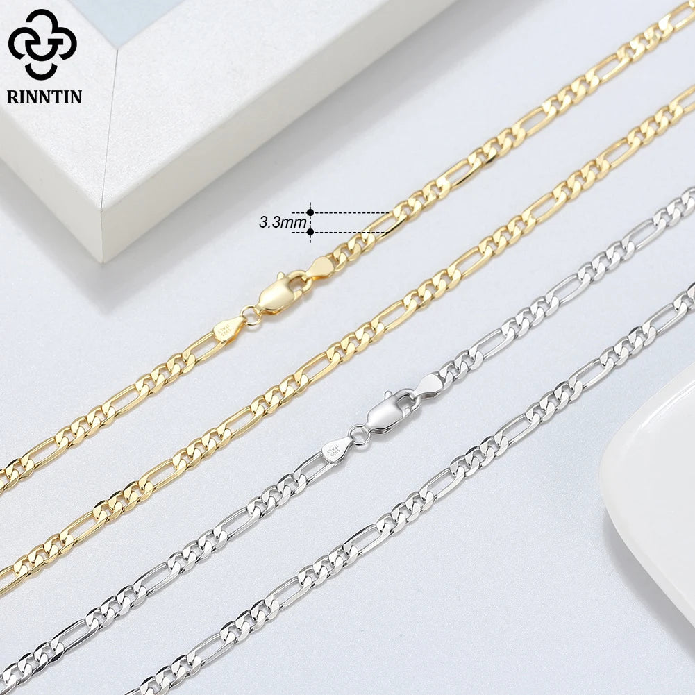 Rinntin 925 Sterling Silver 3.3mm Diamond-Cut Figaro Chain Necklace For Men Women Fashion Silver Necklace Luxury Jewelry SC34 - Uknowucme