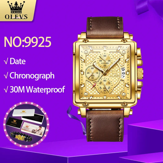 OLEVS Brand 9925 Men's Watches Gold Square Dial Quartz Male Watch Original Leather Strap Fashion Watch 30m Waterproof Top Ten - Uknowucme