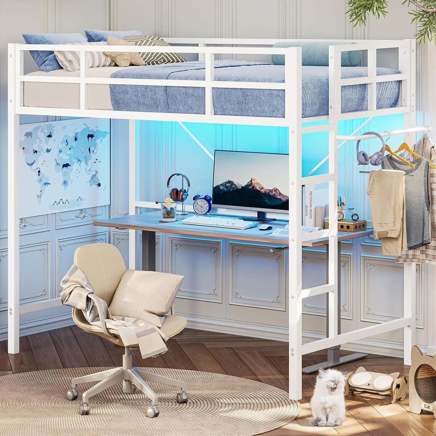 Twin Loft Bed with LED Lights, Metal Loft Bed Twin Size with Full-Length Guardrail Clothes Rack, Heavy Duty Metal Loft Bed Frame - Uknowucme