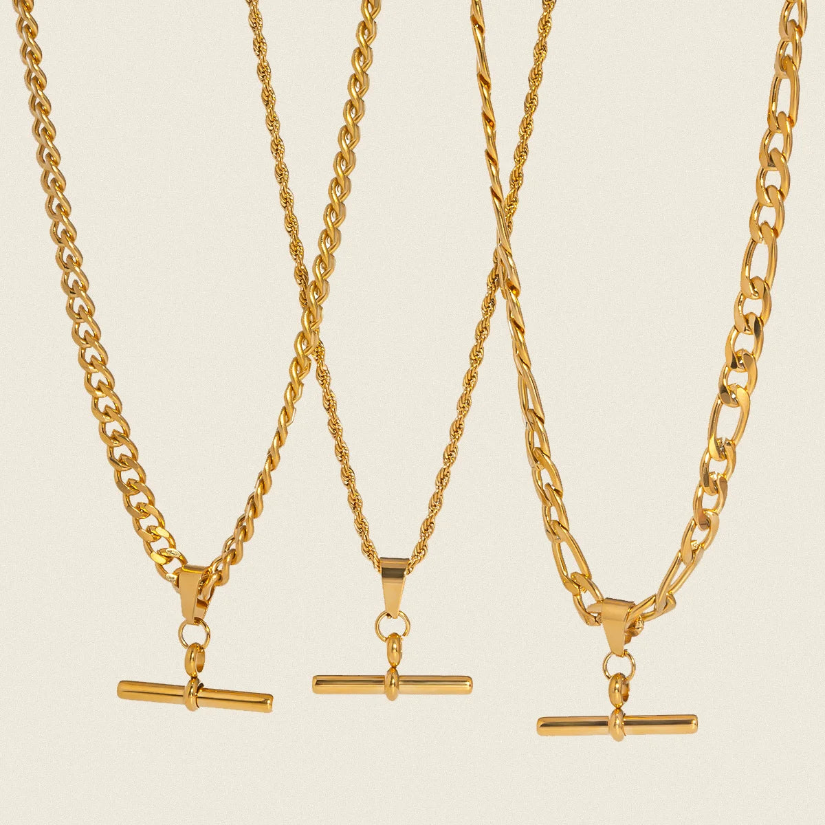 18K Gold Plated Figaro Cuban Chain T-bar Pendant Necklace for Women Stainless Steel Waterproof Party Charm Jewelry - Uknowucme