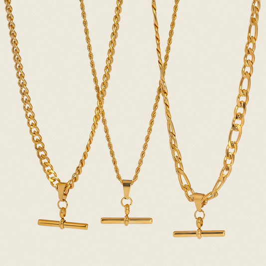 18K Gold Plated Figaro Cuban Chain T-bar Pendant Necklace for Women Stainless Steel Waterproof Party Charm Jewelry - Uknowucme