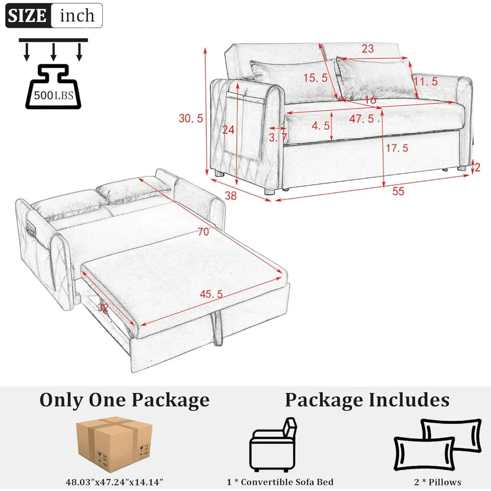 3 in 1 Pull Out Convertible Sofa Bed-Velvet Sleeper Sofa with 3Level Adjustable Backrest,Tufted Love Seat w/ 2Pockets ＆ 2Pillows - Uknowucme