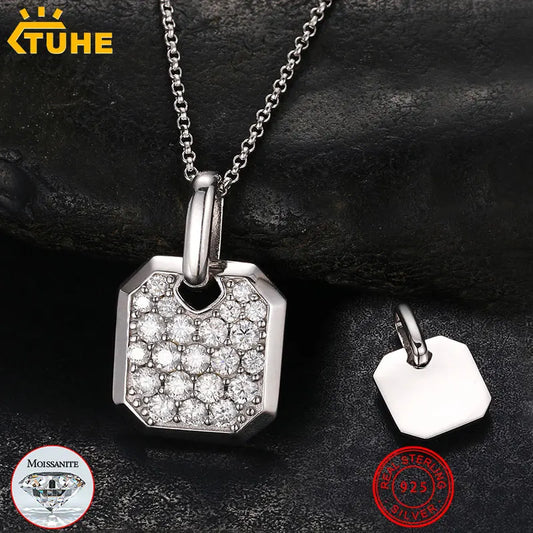 Square Minimalist Mini Iced Out Tag Pendant Necklace For Men Hip Hop Jewelry Moissanite Pendant Sterling Silver