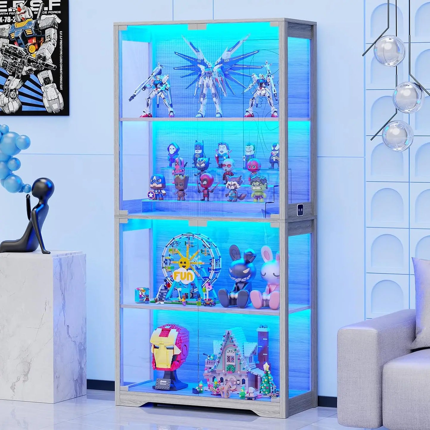 Display Cabinet with Glass Doors, 4-Tier Curio Cabinet&Bookcase with 3 Color Light for Collectibles,Toys, Books, Storage Cabinet - Uknowucme