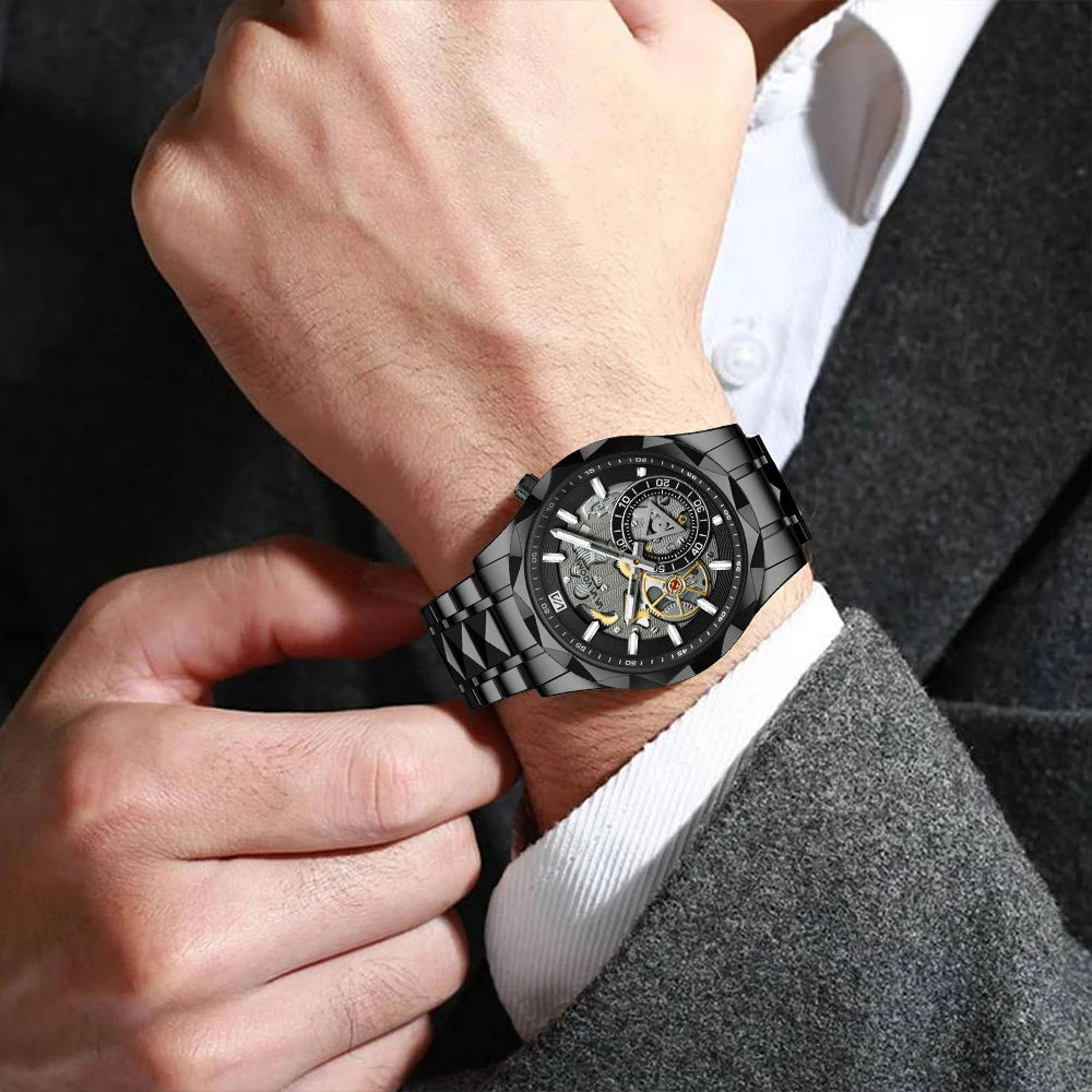VA VA VOOM Stainless Steel Mens Quartz Watch With 41mm Hollowed Out Dial Quartz Movement Luminous Gold Luxurious Men Wristwatch - Uknowucme