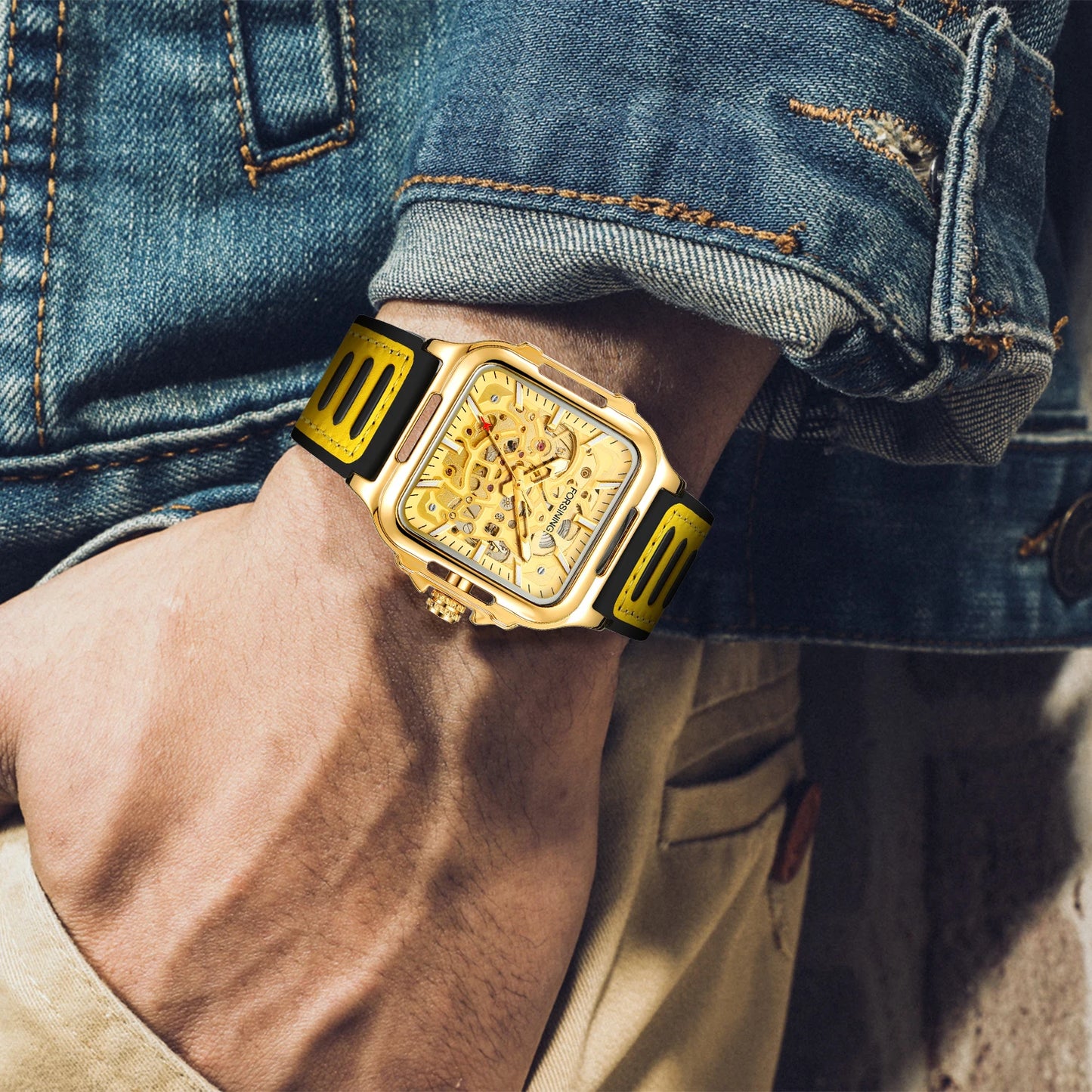 FORSINING Original Square Skeleton Mechanical Man Wristwatches Automatic Movement Field Sports Waterproof Silicone Replica Watch - Uknowucme