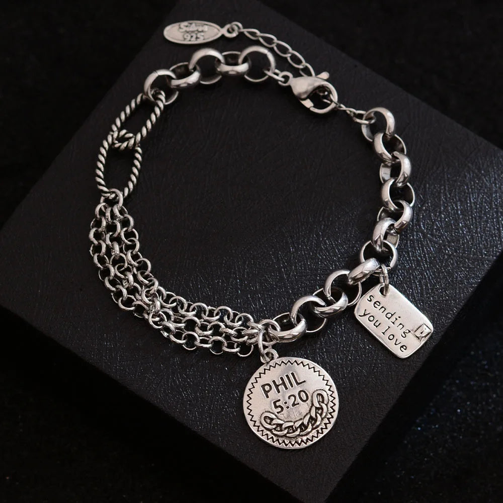 925 Sterling Silver Bracelets for Women Men Accessories Trend Vintage Round Tassel Letters Simple Pendant Party Jewelry Gift - Uknowucme