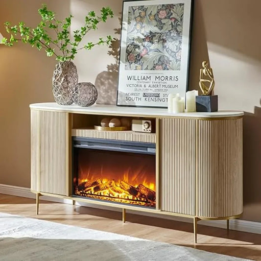 Luxury 70" Fluted Fireplace TV Stand, Modern Chic Entertainment Center for TVs Up to 80 inches, TV Console with Faux Marble Top - Uknowucme