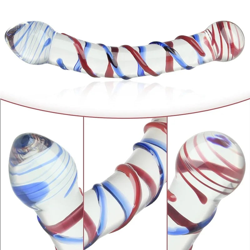 Glass Double Dildo G-Spot Stimulation Butt Plugs Anal Trainer Crystal Pleasure Wand with Raised Spiral Texture for Men Women