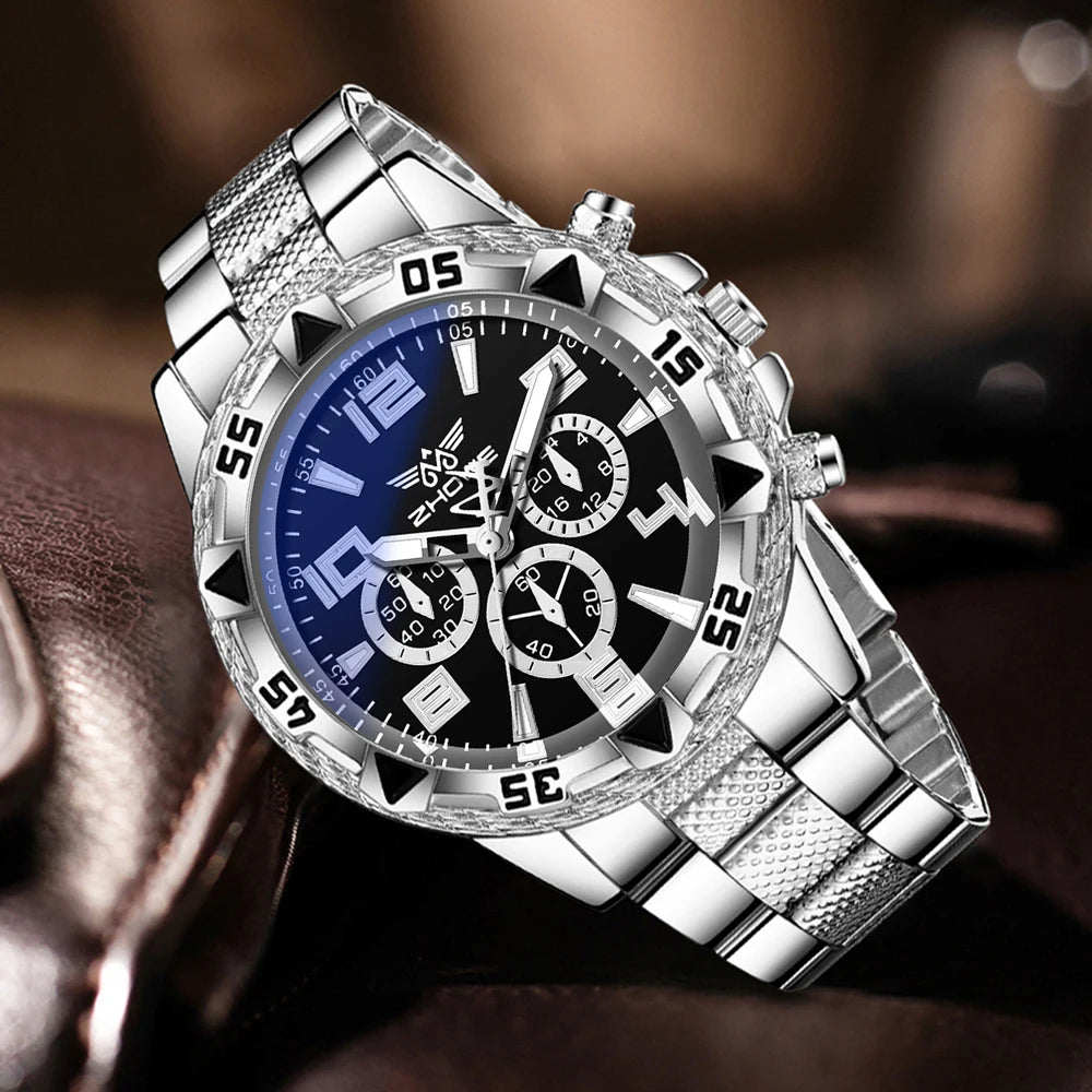 2PCS Silver Men's Watch Set Fashion Trend Business Quartz Watch Set Suitable for Daily Clothing Matching Perfect Gift - Uknowucme