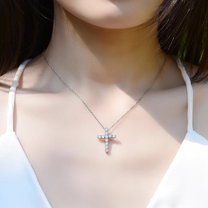 KNOBSPIN Full Moissanite Cross Pendant Necklace Original 925 Sterling Sliver Chain Plated 18k White Gold Fine Necklace for Women - Uknowucme