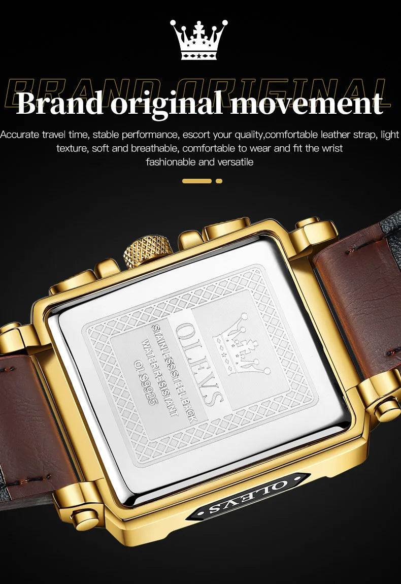 OLEVS Brand 9925 Men's Watches Gold Square Dial Quartz Male Watch Original Leather Strap Fashion Watch 30m Waterproof Top Ten - Uknowucme
