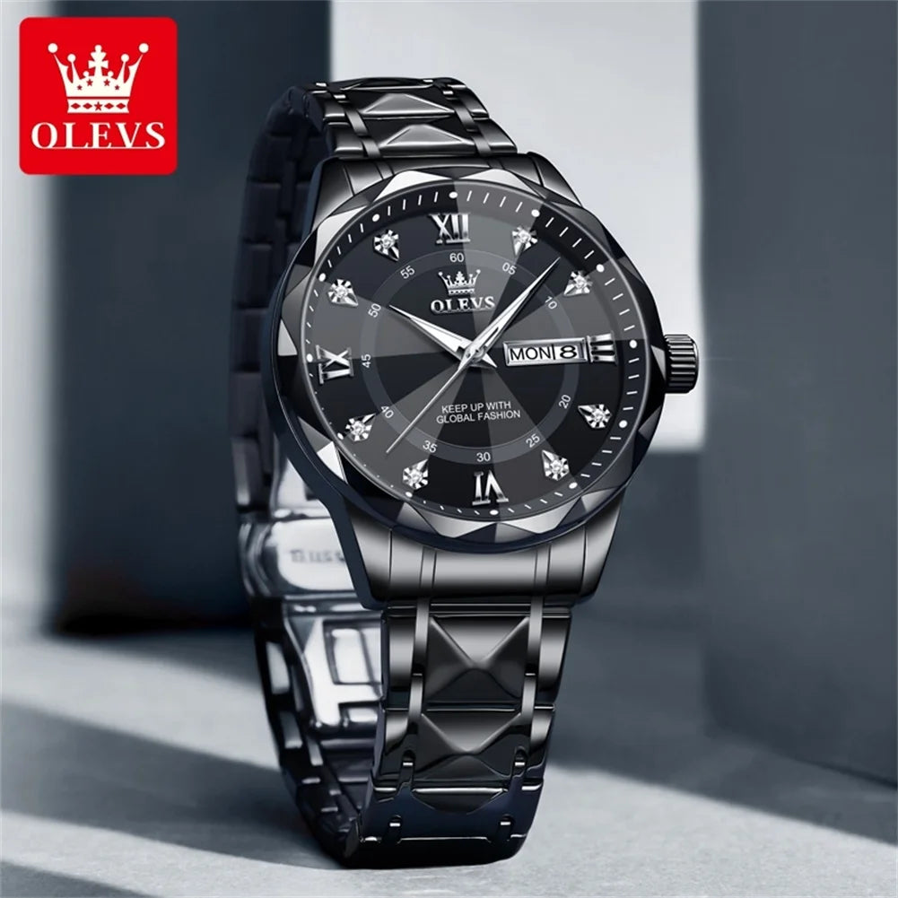 OLEVS 5609 Men's Watches Rhombus Design Black Stainless steel Calendar Week Waterproof Luminous Original Quartz Watches for Men