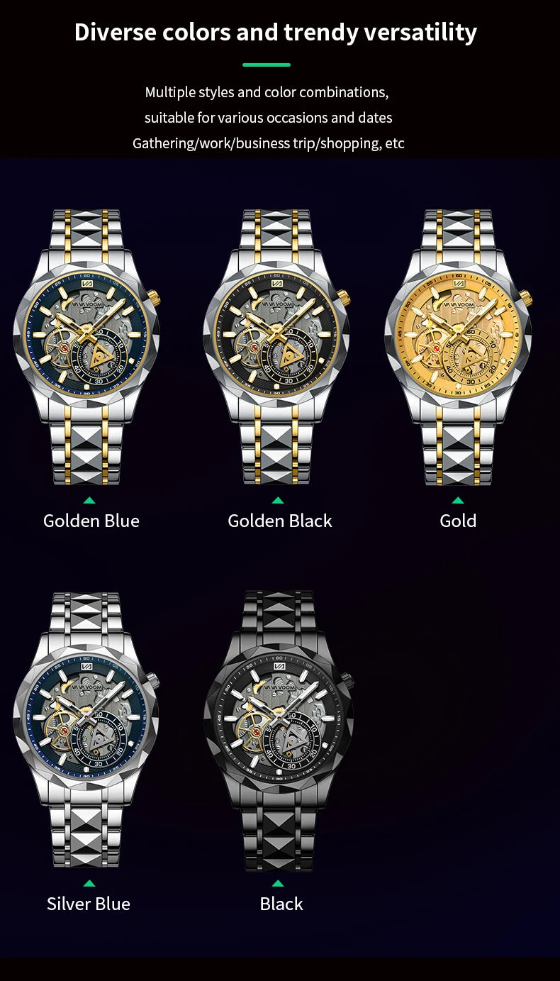 VA VA VOOM Stainless Steel Mens Quartz Watch With 41mm Hollowed Out Dial Quartz Movement Luminous Gold Luxurious Men Wristwatch - Uknowucme