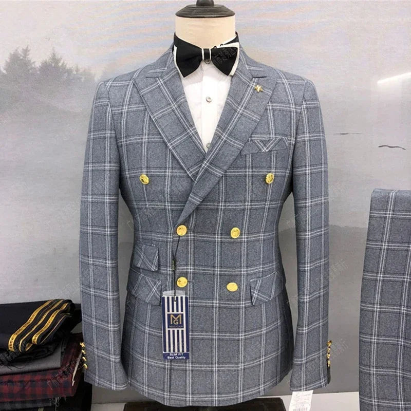 2023 Fashion New Men's Leisure Boutique Double Breasted Plaid Suit 2 Piece Set Drees Blazers Jacket Pants Trousers Two Pcs - Uknowucme