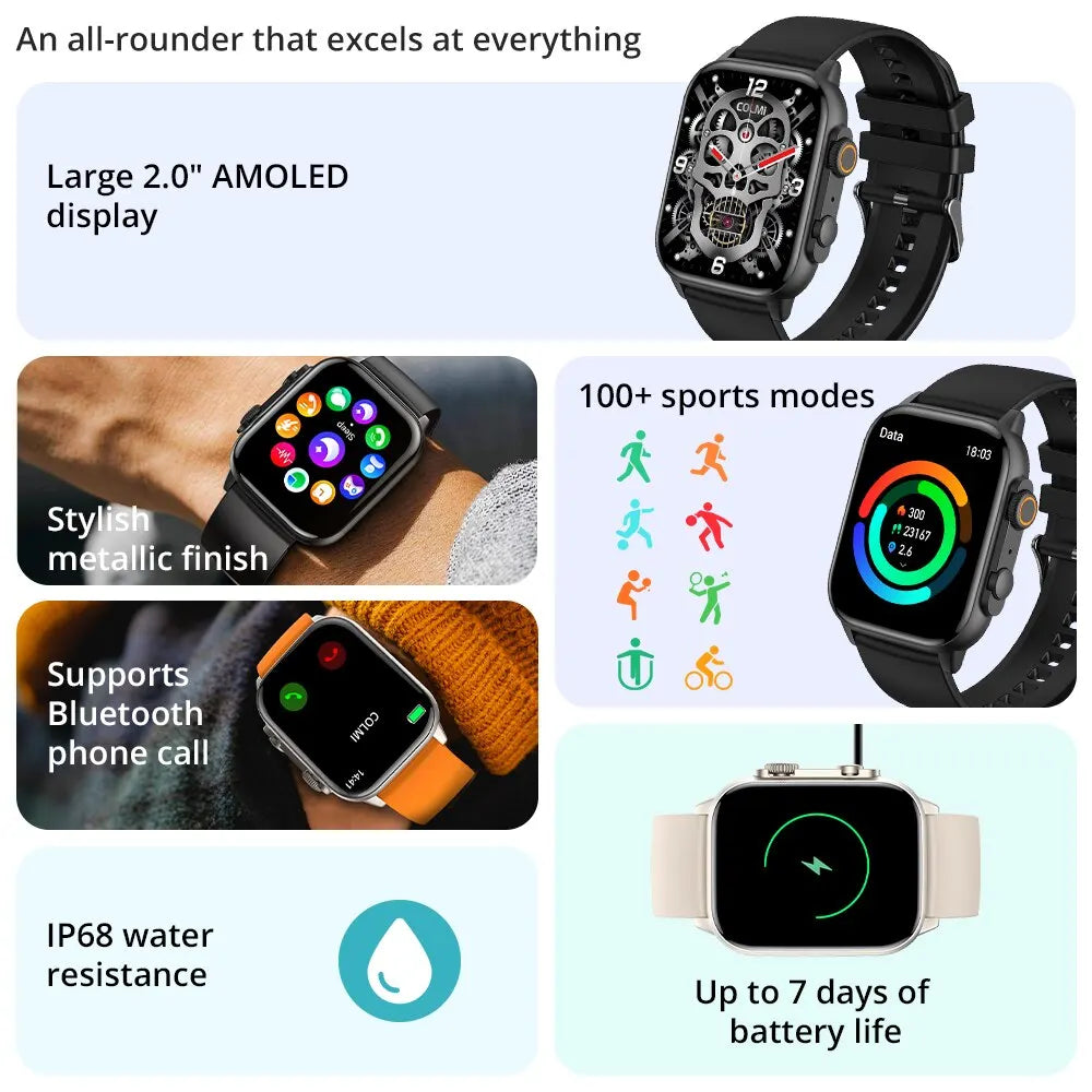 COLMI C81 2.0 Inch AMOLED Smartwatch Support AOD 100 Sports Modes IP68 Waterproof Smart Watch Men Women PK Ultra Series 8 - Uknowucme