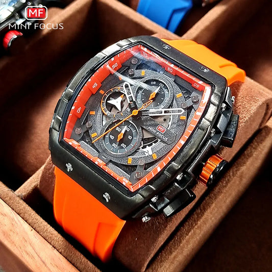 MINI FOCUS Chronograph Quartz Watch for Men Tonneau Dial Military Sport Wristwatch with Orange Silicone Strap Auto Date 0399 - Uknowucme
