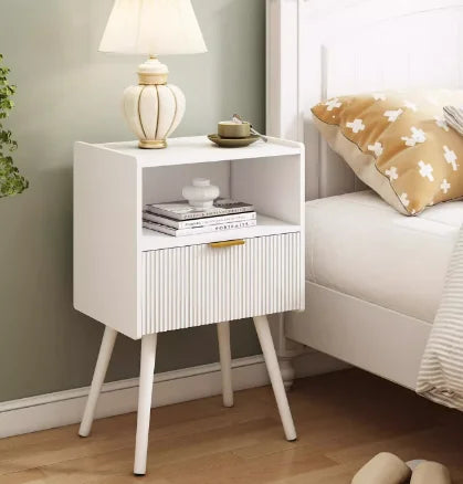 Nightstand Modern Bedside Table Charging Station And LED Lights Night Stand Storage Drawer Solid Wood Legs Organizer Vanity