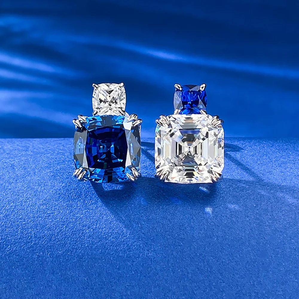 Charms 100% 925 Real Silver 10*10MM Sapphire Lab Diamond Stud Earrings for Women Gemstone Wedding Party Fine Jewelry Lady Gifts - Uknowucme