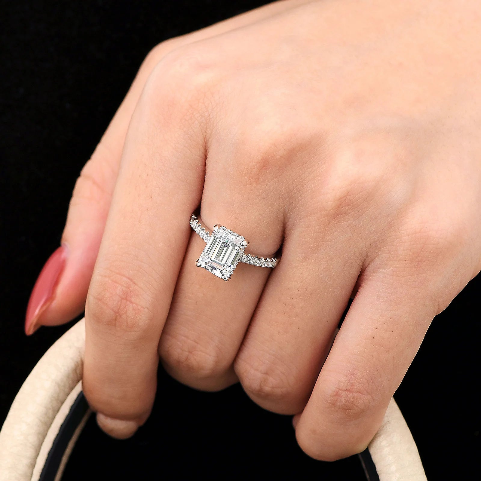 Newshe Solid 925 Sterling Silver Engagement Ring for Women 3 Ct Emerald Cut Hide Halo Cubic Zircon Sparking Wedding Fine Jewelry - Uknowucme