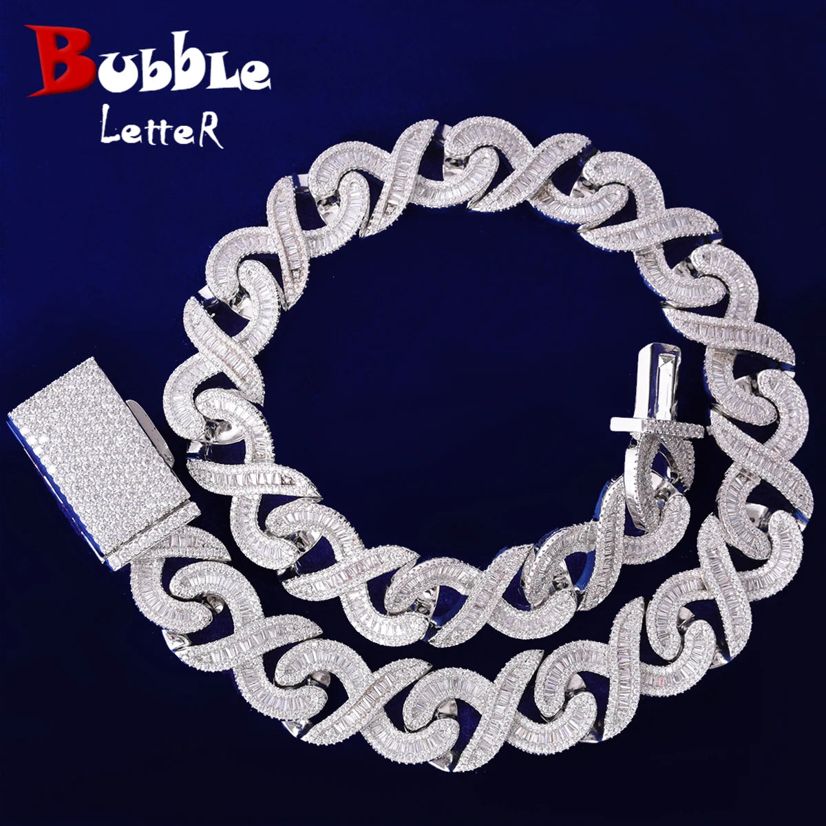 Bubble Letter 20MM Baguette Choker Necklace for Men 8 Cuban Link Chain Micro Pave Cubic Zirconia Hip Hop Jewelry