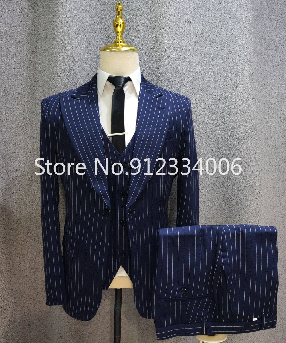 2021 Men's Suits Stripe Men's Blazer Wedding Male Groom Tuxedos Suit with Pants 3 Pieces (Jacket+Pants+Vest) Costume Homme - Uknowucme