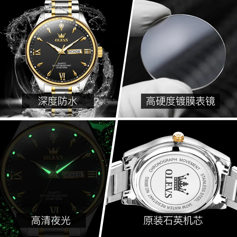OLEVS Fashion Brand Original Men's Watches Week Calendar Luminous Quartz Watch for Men Waterproof Stainless Steel Strap Business - Uknowucme