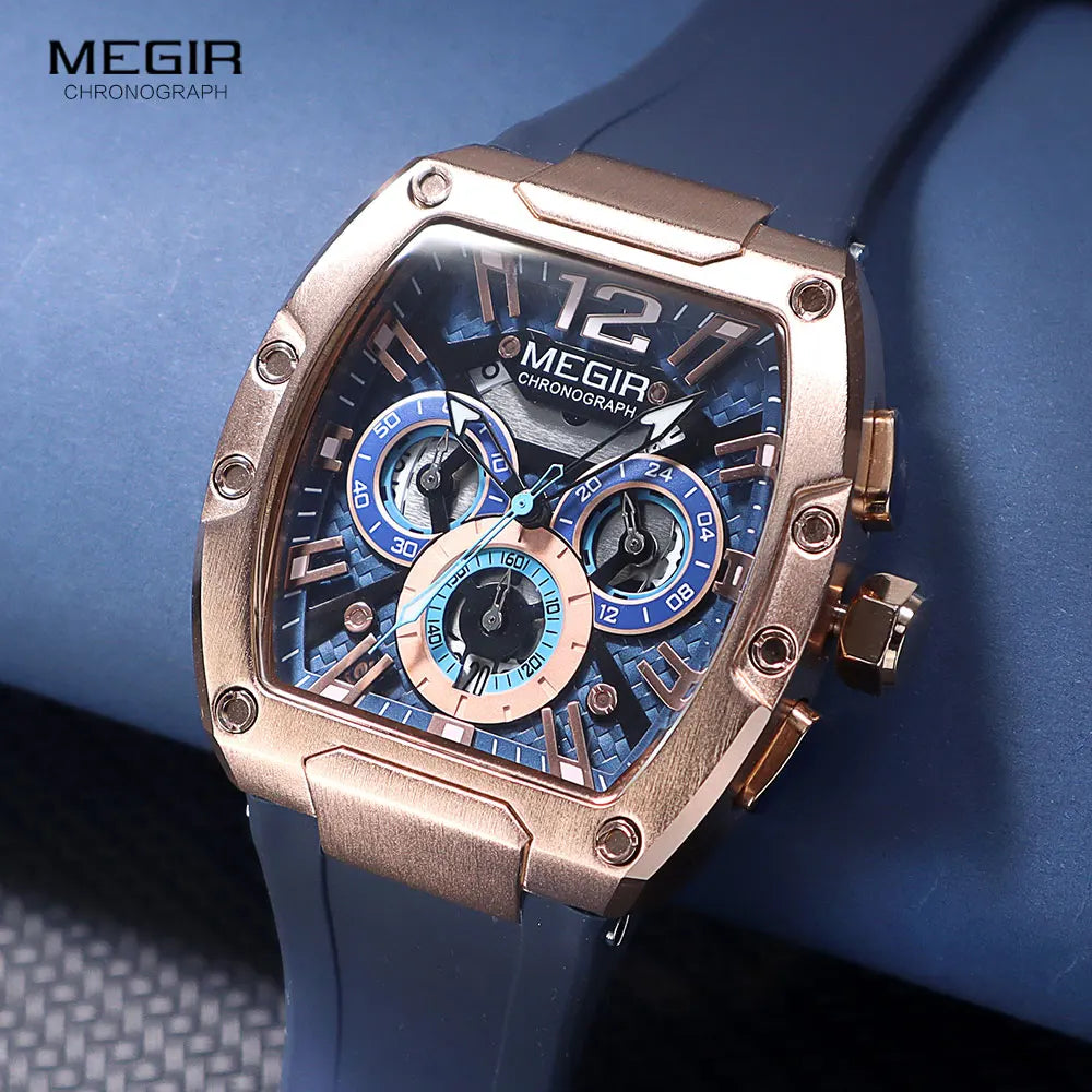 MEGIR Navy Blue Silicone Strap Sport Watch for Men Fashion Waterproof Chronograph Quartz Wristwatch with Luminous Hands Calendar - Uknowucme