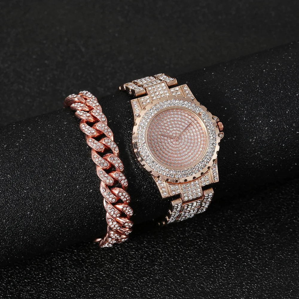 Watch + Bracelet for Women Cuban Chain Charm Iced Out Clock for Men Diamond Fashion Luxury Gold Wristwatch Jewelry Set Relojes