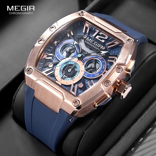 MEGIR Navy Blue Silicone Strap Sport Watch for Men Fashion Waterproof Chronograph Quartz Wristwatch with Luminous Hands Calendar - Uknowucme
