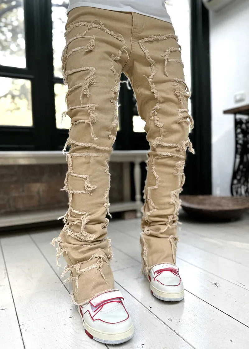 Spliced Distressed Denim Pants Men Jeans Ripped Mid Waist Pockets High Street Jean Skinny Washed Ankle Length Pencil Pants - Uknowucme