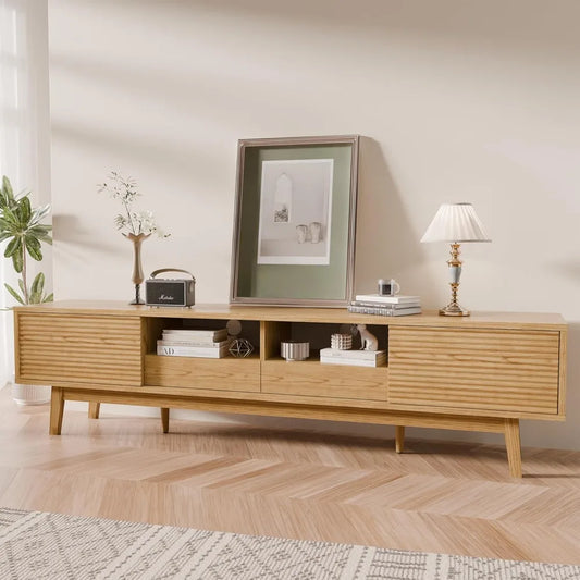 70" TV Console, Mid Century Modern Media Console for 55/65/75 Inch TV, Low Profile TV Stand with Fluted Sliding Doors, Boho Ligh
